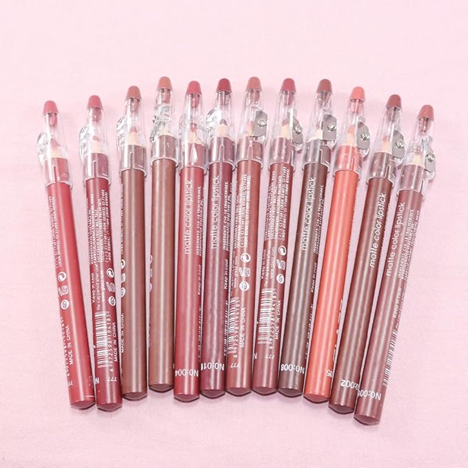 12 Pcs Colors Lip Liner Lipstick Pencils Set Pack for Shaping & Sculpting Lips, Natural Maroon Orange Mauve Dark Red Nude Chocolate Plum Matte Pigmented Lipliners Crayon Lipstick with Pencil Sharper