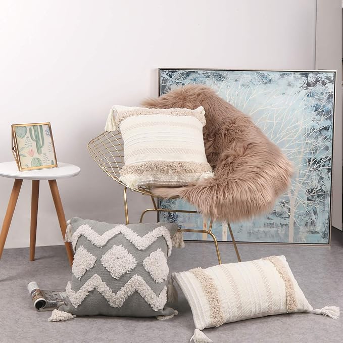 Lumbar Decorative Boho Throw Pillow Cover, 12 x 20 Farmhouse Cute Pillowcase Minimalist Neutral Collection Cream White Tufted with Tassels Woven Cushion Cover for Sofa Couch Bedroom Living Room