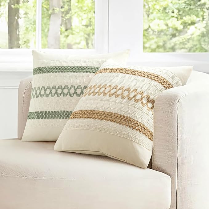 MIULEE Set of 2 Sage Green Boho Decorative Pillow Covers 16x16 Inch | Farmhouse Couch Throw Pillows, Modern Cotton Cushion Covers, Macrame Woven Spring Home Decor for Bed Sofa Chair