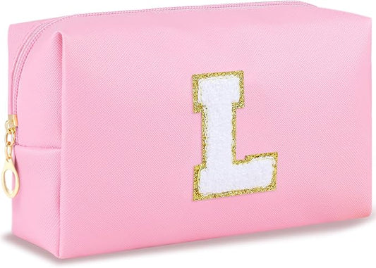 URSKYTOUS Initial Makeup Bag for Women Travel Small PU Leather Cosmetic Bag Cute Pink Personalized Preppy Chenille Letter Makeup Pouch for Purse Zippered Toiletry Organizer Makeup Case Ideal Gift（L）