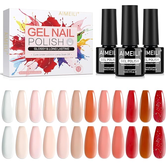 AIMEILI Jelly Gel Nail Polish Set 12pcs, Hema Free, Cruelty Free, Vegan, Soak Off Nude Pink Neutral Sheer Nail Art Manicure - Kit 31