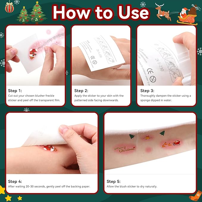 Christmas Blush & Freckle Stickers-5 Sheets Glitter Christmas Face Patches for Women Girls, Cute Makeup Freckles for Party & Festive