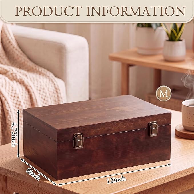 Sliner 1 Pcs Wooden Decorative Storage Boxes with Lids Vintage Wood Organizer Bins for Your Bookshelf Home Decor Safely Store Photos Documents Memory Jewelry Craft Storage (Dark Brown,M Size)