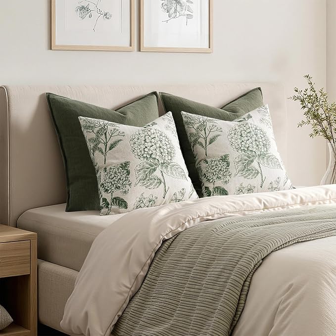 Set of 2 Decorative Floral Pillow Covers 18x18 Inch Dark Green | Neutral Hydrangea Print, Boho Vintage Throw Cushion Covers, Cottagecore Home Decor, for Sofa Couch Porch Bedroom Living Room
