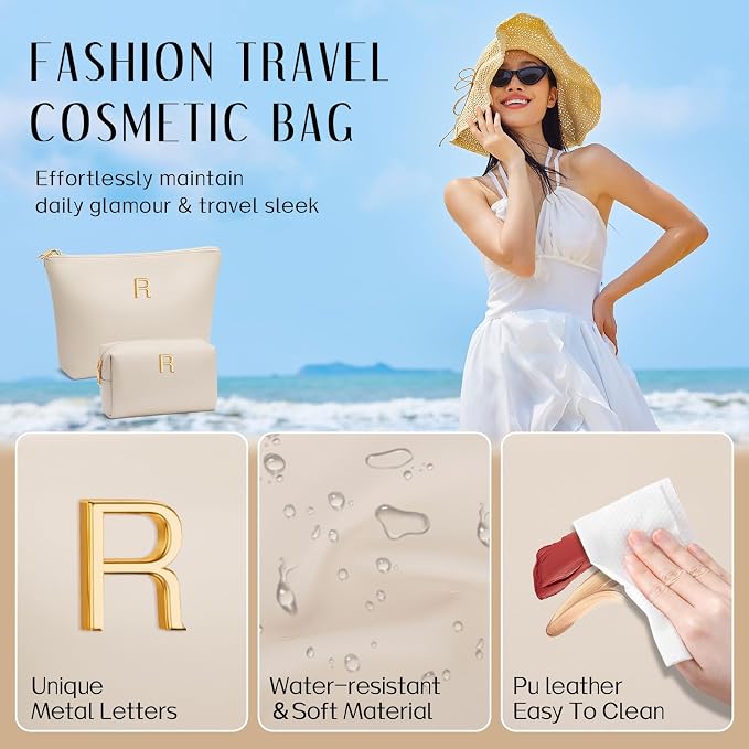 Women Gifts | Initial Makeup Bag for Girl Personalized Gifts for Bridesmaid Friend PU Leather Cosmetic Travel Toiletry Bag(Beige,R)