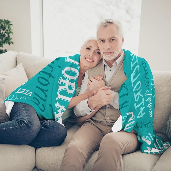Personalized Cyan Theme Light Soft Flannel Fleece Throw Blanket with Name, Customized Gift for Men, Women, Boys, Girls, Kids