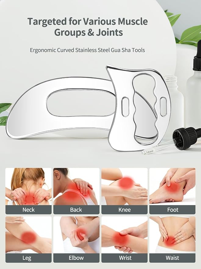 2-in-1 Stainless Steel Gua Sha Massage Tool Set, Muscle Scraper & IASTM Tools for Soft Tissue Mobilization, Myofascial Release, Body Skin Massage, Physical Therapy Sore Muscle Relief with Travel Pouch