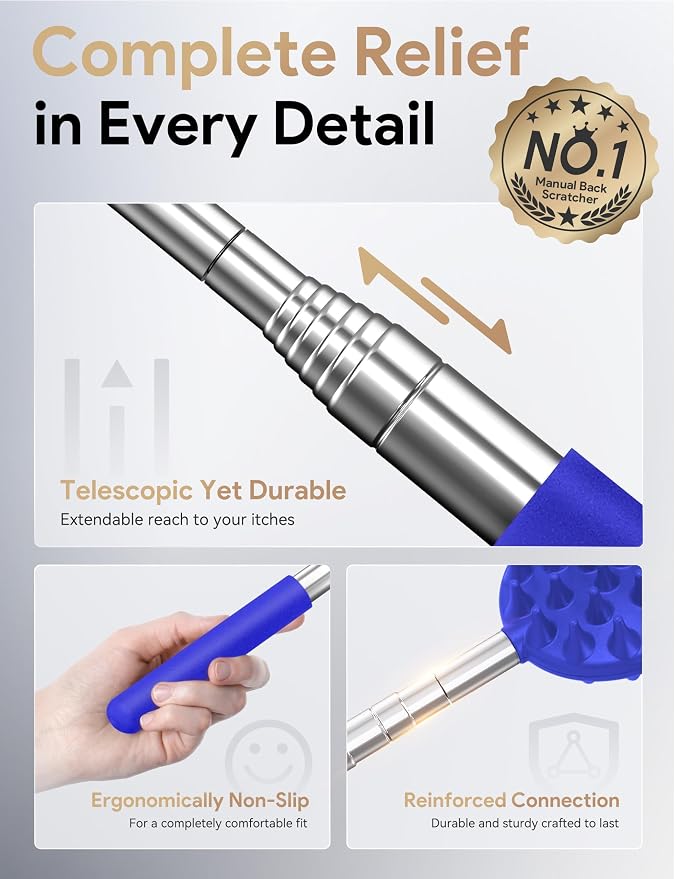TUKUOS Telescoping Back Scratcher with 5 Detachable Scratching Heads, Valentines Day Gifts for Him Men, Anniversary Birthday Gifts for Men Women Back Scratcher for Men/Dad/Women/Adults - Blue