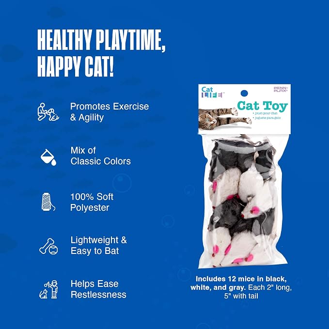 Penn-Plax Play Fur Mice Cat Toys, 12 Pack - Soft Polyester with Rattling Sound for Interactive Play, Exercise & Hunting - Lightweight Cat Toy Set for All Ages & Breeds - Black, White & Gray - 2 Inches
