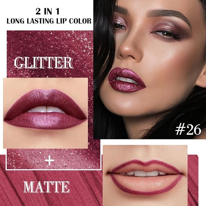 evpct Dark Red Metallic Glitter Lip Liner and Lipstick Combo Lip Gloss Stain Set Makeup for Women Long Lasting Waterproof 24, Dark Red Metallic Shimmer Frosted Iridescent Glossy Liquid Lipstick 26