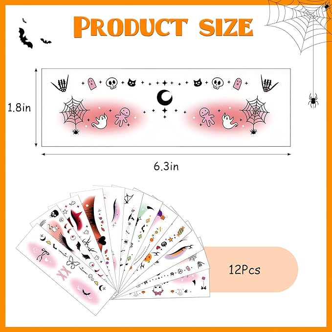 12 Sheet Halloween Face Temporary Tattoos For Kids And Women Adult, Waterproof Makeup Speckle Spider web Pumpkin Bat Ghost Facetattoo Stickers Halloween Party Decorations