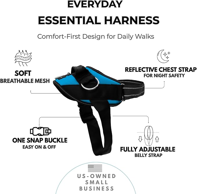 ShawnCo Essential Dog Harness, No-Pull Pet Vest (Oceanic Blue,M) | 3 Leash Clips, Easy On, No-Choke, Reflective, Adjustable Fit, Padded Comfort, Control Handle, For Small, Medium & Large Dogs