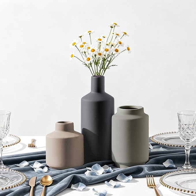 Ceramic Vase Set of 3, Modern Decorative Vases for Home Decor, Small Flower Pottery Vase Sets, Boho Farmhouse Rustic Vases for Living Room, Kitchen, Bedroom, Bathroom, Shelf, Table