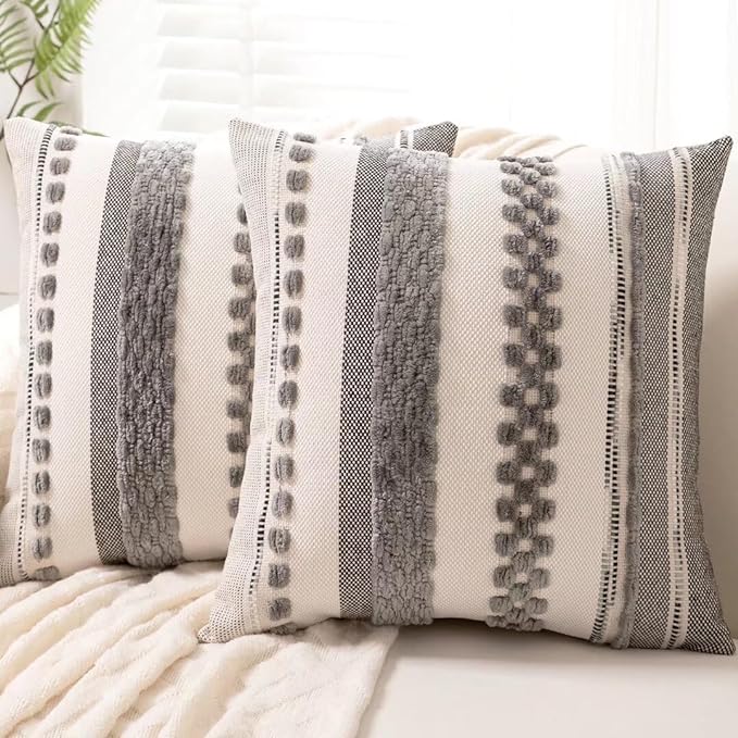 Boho Throw Pillow Covers Decorative Neutral Farmhouse Pillow case | 18x18 Set of 2 Cushion Case Striped Square Pillows Cover Couch Pillow Cases Accent Pillowcase for Sofa Bed,Gray
