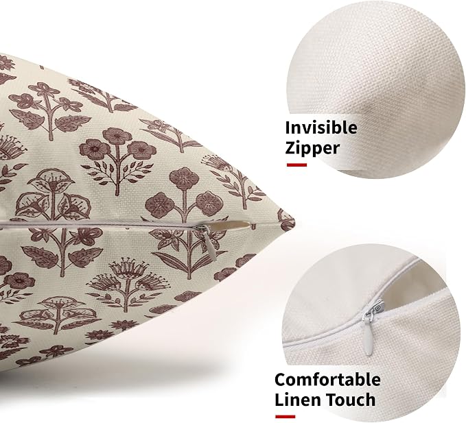 Burgundy Floral Pillow Covers 12x20 Inch Set of 2, Block Print Lumbar Flower Cream Decorative Throw Pillowcases Outdoor Farmhouse Rectangle Cushion Covers Spring Summer Sofa Couch Bed Decor