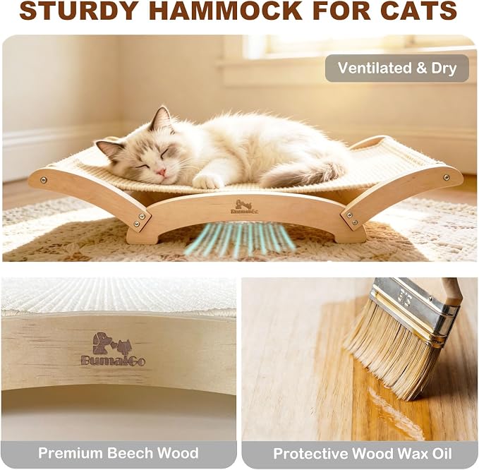 Extra-Large Sisal Cat Scratcher Bed for Indoor Cats, Cat Scratching Post with Hammock Nartural Sisal Scratch Pad for Large Cats Scratcher Lounge Chair, Wooden Cat Furniture (Light Nartural)