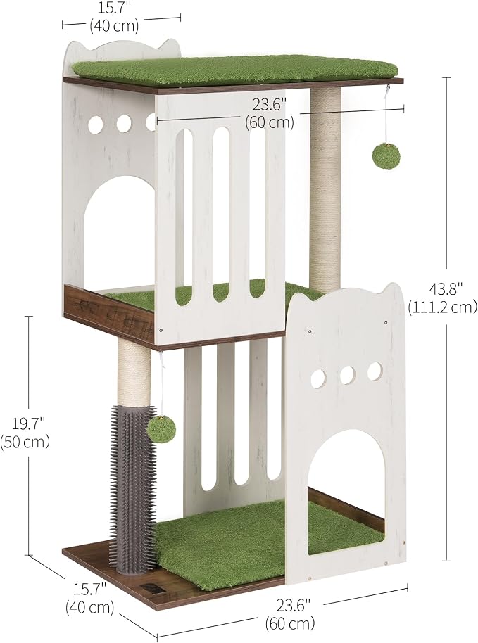 43.7in 3-Tier Modern Cat Tree Tower Condo, Cat Scratch Posts for Indoor Cats, Big Plate, Two 19.7in Full Sisal Scratching Posts, White