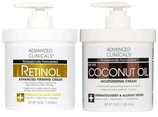 Advanced Clinicals Unscented Retinol Body Lotion & Face Moisturizer + Coconut Oil Body Cream For Women & Men | 2PC Skincare Set Helps Reduce Appearance Of Crepey Skin + Irritated Dry Skin, 2pc Set