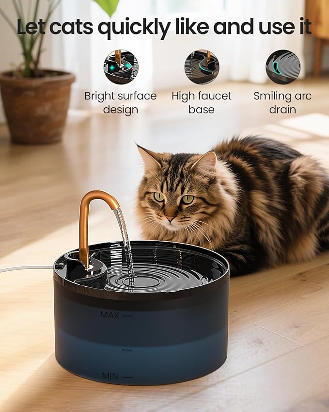 MISFANS Cat Water Fountain with 3-Pack Replaceable Filters,Copper Faucet | 71oz/2.1L Cat Fountain for Drinking, MISFANS-Designed Pump & Filter, Plastic Automatic Pet Water Fountain Bowl & Dispenser