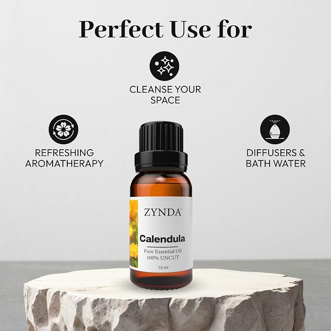 Premium Calendula Oil Pure and Natural – 100% Organic Calendula Essential Oil Extract for Skin, Hair Care, Massage, and Self-Care, Calming Herbal Blend in 10ml Amber Glass Bottle