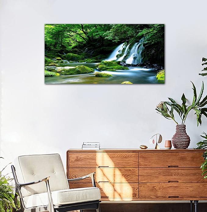 arteWOODS Waterfall Canvas Wall Art Living Room Decoration Large Nature Picture Artwork Modern Landscape Painting Green Forest Prints for Kitchen Office Wall Decor Home Decorations 24" x 48"