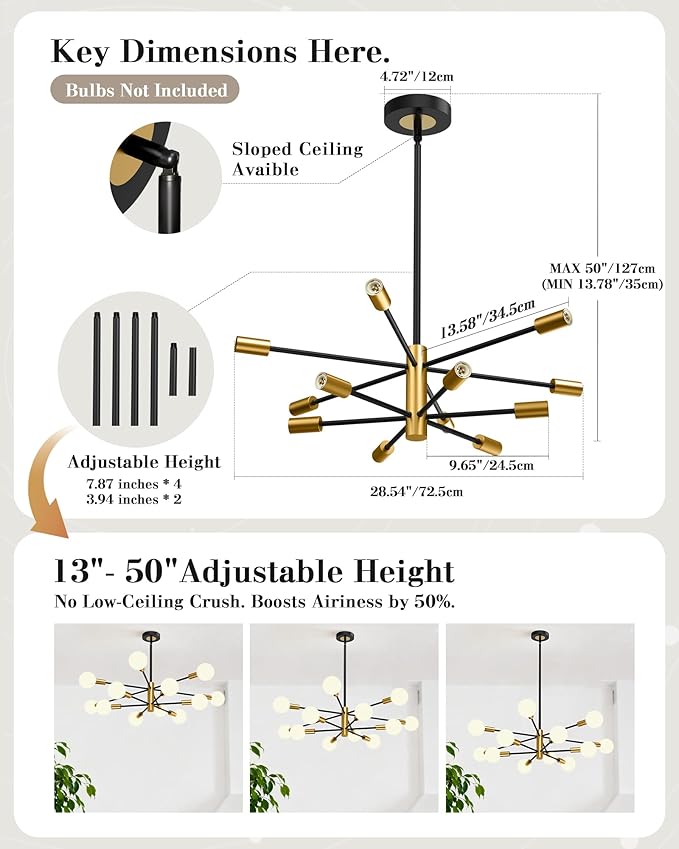 Modern Chandelier, 12-Light Sputnik Ceiling Light Fixture, Mid Century Height Adjustable Sputnik Chandeliers for Dining Room, Kitchen Island, Living Room, Bedroom - Black and Gold