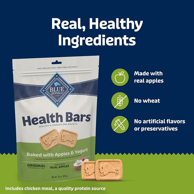 Blue Buffalo Health Bars Crunchy Dog Biscuits, Oven-Baked with Natural Ingredients, Apples & Yogurt, 16-oz Bag, (Pack of 4)