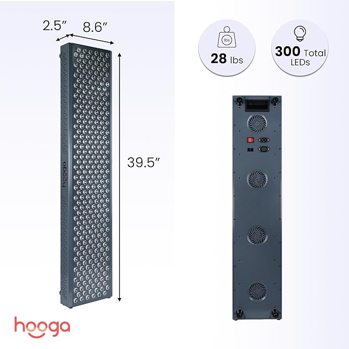 Hooga Red Light Therapy, Red Near Infrared LED Panel, 300 Quad Chip Flicker Free LEDs, Ultra Series, Clinical Grade Device for Energy, Pain, Skin, Recovery, Sleep, Performance. ULTRA1500.