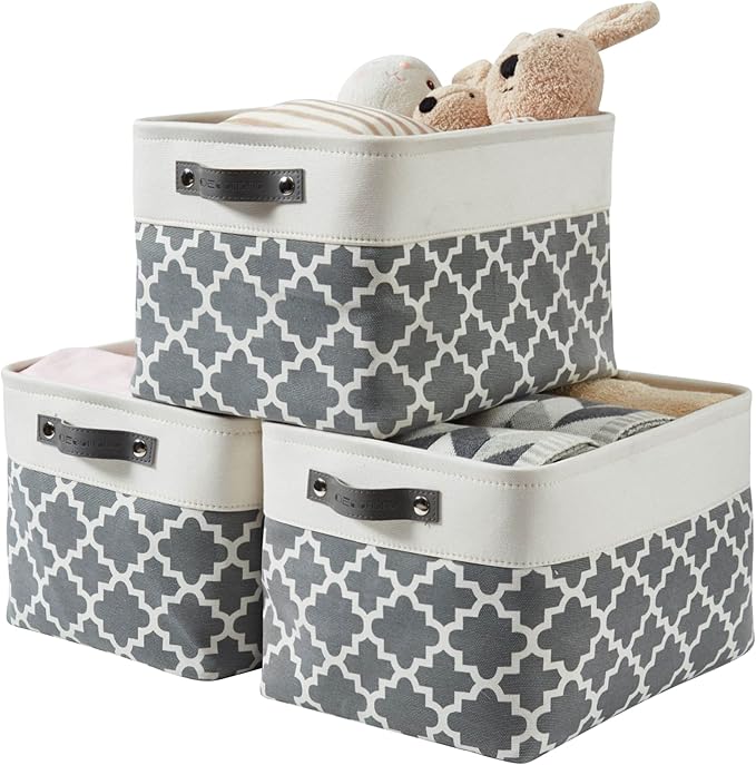 DECOMOMO Storage Bins, Large Fabric Storage Baskets for Shelves 3 Pack | 15 x 11 x 9.5 inches Decorative Linen Closet Organizers with Handles(Grey Patterns)