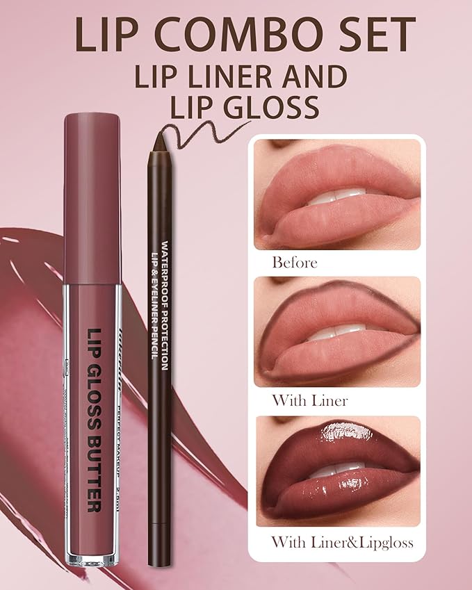 3Pcs Hydrating Lip Gloss with Brown Lip Liner Combo Set,Plumping Lip Liner Moisturizing Nude Tinted Lips Glow Oil,Lightweight Non Sticky Liquid Lipstick Women Lipstain Makeup Long Lasting Lipgloss -01
