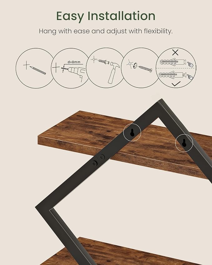 Floating Shelves, Set of 2 Wall Shelves, 2-Tier Hanging Shelves, Wall Shelf Set of 2, Wall Mounted Shelves, for Living Room, Bedroom, Kitchen, Office, Study, Rustic Brown TBJ01P2BF