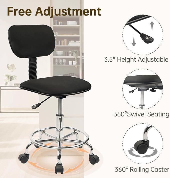 Low Wide Rolling Swivel Stool with Backrest, Adjustable Height Salon Chair Stools with Footrest for Spa Tattoo Office Desk Massage Task Lash Barber Facial, Black 2PK