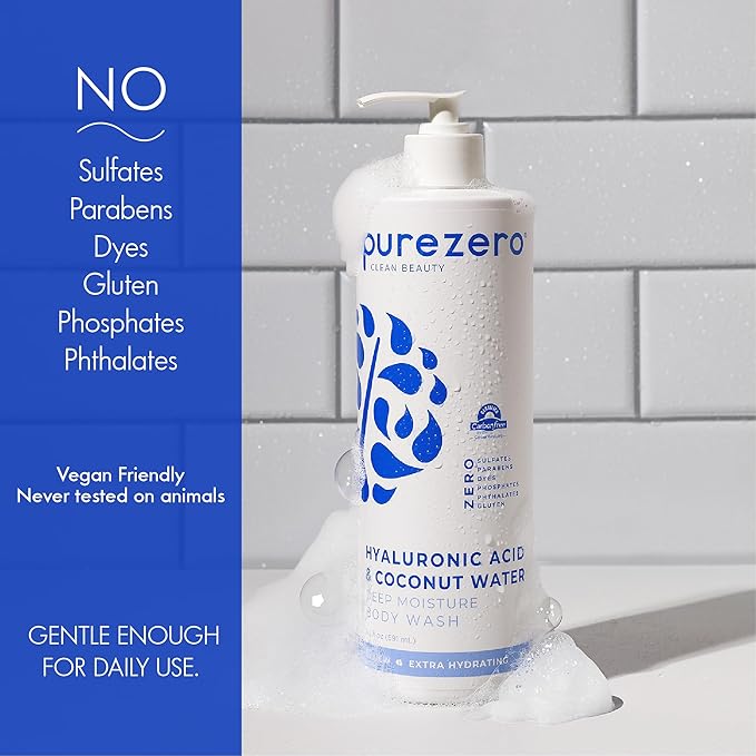 Purezero Hyaluronic Body Wash Deep Moisturizer - Soft Skin Hydration - Moisturizing Skin Cleanser + Coconut Water - No Sulfates, Parabens, Dyes (2 Pack)