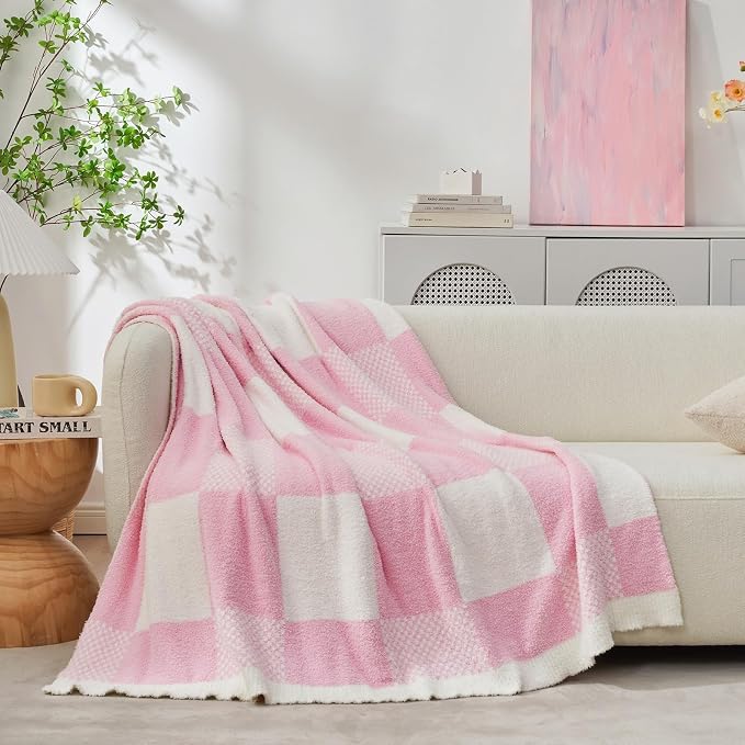 Snuggle Sac Checkered Blanket, Baby Pink Throw Blanket for Couch Plaid Microfiber Fluffy Warm Cozy Fuzzy Soft Throw Blanket Reversible Checkered Blankets for Sofa, Bed, 60x80 inches