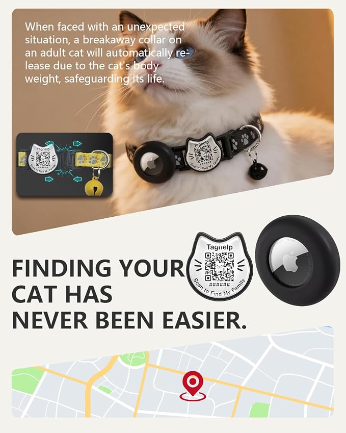Cat Collar with AirTag Holder, QR Code Tag and Bell (Yellow, Paw Pattern)