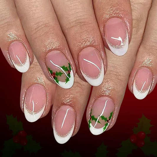 Christmas Press on Nails Holly Fake Nails Short Almond False Nail with Design White French Tip Glue on Nails Artificial Acrylic Dull Cover Nail Xmas Stick on Nail for Women Girls Manicure 24Pcs