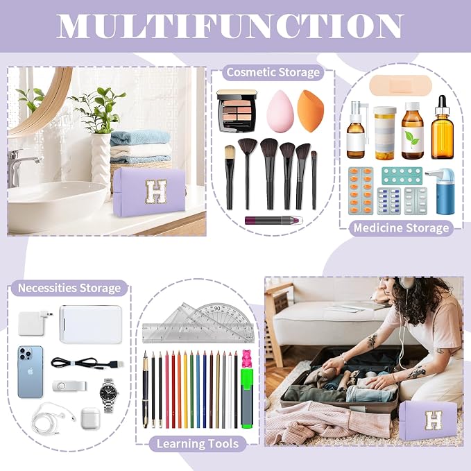 Personalized Makeup Bag Initial A-Z Preppy Patch Bag,Small PU Leather Travel Cosmetic Bag Pouch with Zipper,Purple Cute Toiletry Bag,Gift Ideal for Teen Girls Women Birthday Friend Mom,Latter H