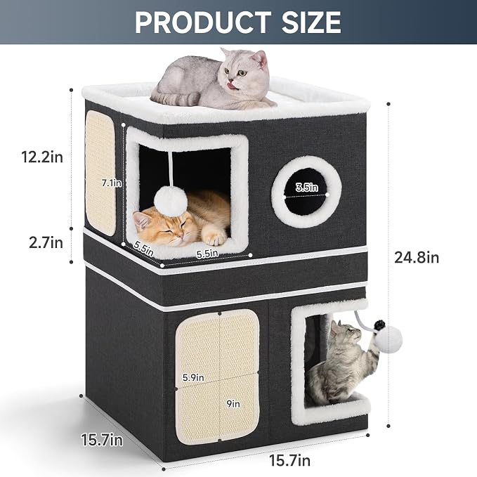 Shikha 2 Story Cat House beds for Indoor Cats with Scratch Pads Black | 2 in 1 Dual Use Double Cat Bed Cave for Multiple Pets Kitten, Elevated Perch for a Wide View, All Season Reversible Cushion