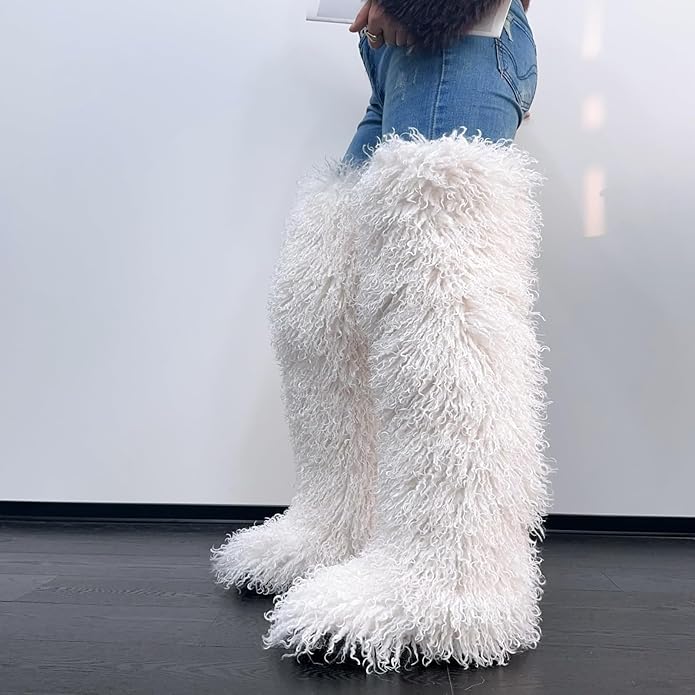 SWEETHEART BEAUTY Thigh High Shagy Teddy Fur Boots, 29 Inch Over the Knee Length Fluffy High Boots, Tall Furry Shoes For Women