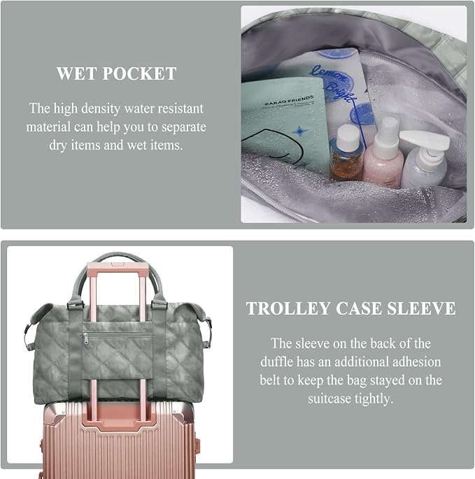 Travel Duffel Bag, Carry On Overnight Weekender Bags for Women | Travel Bag with Wet Pocket & Trolley Sleeve, For Spirit Airlines 18x14x8 Personal Item Bag