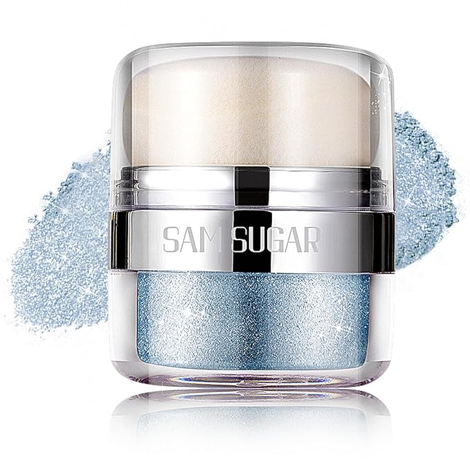 Body Shimmer Powder, Body Glitter Powder with Sponge Head, 3D Contour & Long Lasting Luminous, Glow Highlighter Makeup for Face, Eyes, Hair, Perfect for Daily, Party (Blue, 1.13 Oz)