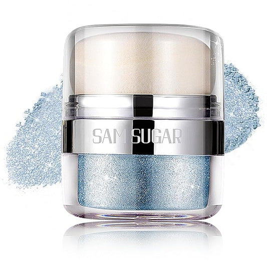 Body Shimmer Powder, Body Glitter Powder with Sponge Head, 3D Contour & Long Lasting Luminous, Glow Highlighter Makeup for Face, Eyes, Hair, Perfect for Daily, Party (Blue, 1.13 Oz)