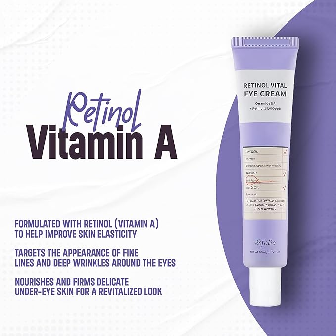 Esfolio Retinol Vitamin A Eye Cream, Daily Skin Care for Under Eye Area, Lightweight Moisturizing Formula, Korean Beauty Skincare (1.35 oz / 40 ml)