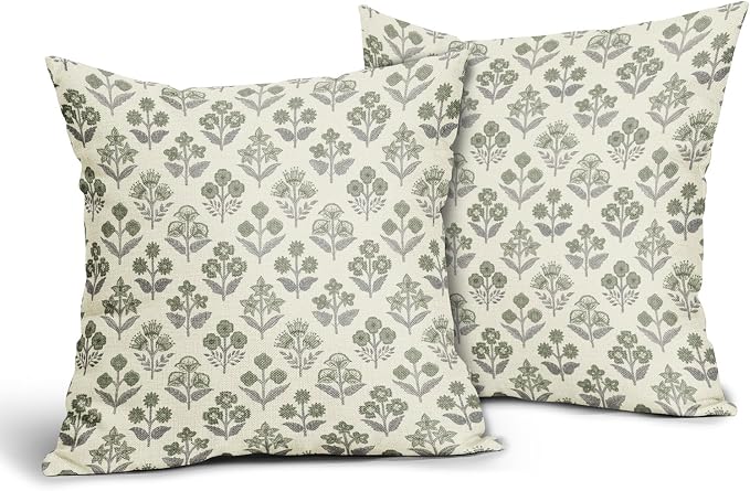 Green Grey Gray Floral Block Print Pillow Covers 16x16 Inch Set of 2, Vintage Flower Pattern Decorative Throw Pillowcases Outdoor Farmhouse Cushion Covers Spring Summer Rustic Sofa Couch Bed Decor