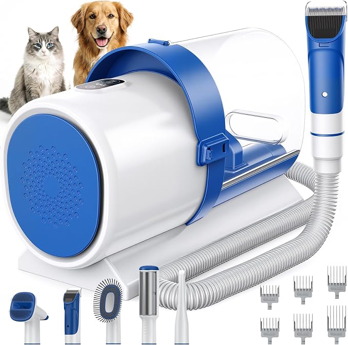NEWBULIG Pet Grooming Vacuum Kit for Cats and Dogs, 2.5L Dust Cup | 3 Suction Modes and 5 Groomer Tools, Low Noise for Cats, Dogs Other Animals Hair Trimmer, White and Blue