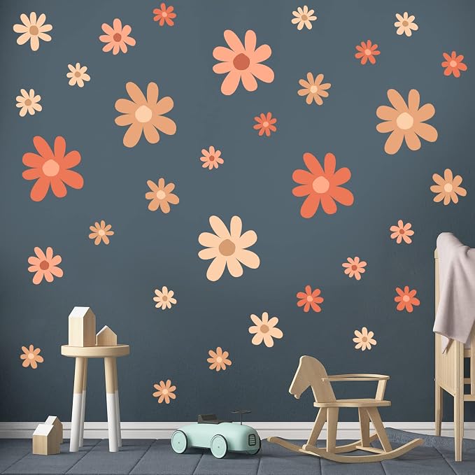 TaoBary 12 Sheet Daisy Wall Sticker Decal,Orange,Colorful Style | Big Flower Wall Sticker, Pink White Floral Decal, Daisy Bedroom Room Decor, Removable Peel and Stick, Nursery Home Wall Decor
