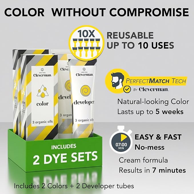 2X Reusable Hair & Beard Dye for Men – Medium Blond | Up to 10 Uses, 7 Minutes | Natural Gray Coverage, No-Drip Cream with SkinArmour® – Cleverman