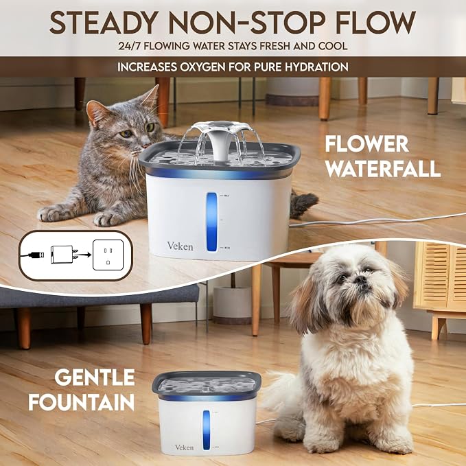 Veken Innovation Award Winner 95oz/2.8L Cat Water Fountain | Automatic Pet Fountain Dog Water Dispenser with 6 Replacement Filters & Silicone Mat for Cats, Dogs (Grey, Plastic)