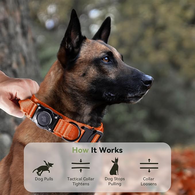 2026 Upgrade Waterproof Tactical AirTag Dog Collar, Built in AirTag Holder | Comfortable Control Handle, Quick Release Metal Buckle, Durable 1000D Nylon, For Medium to Large Dogs, Orange,M