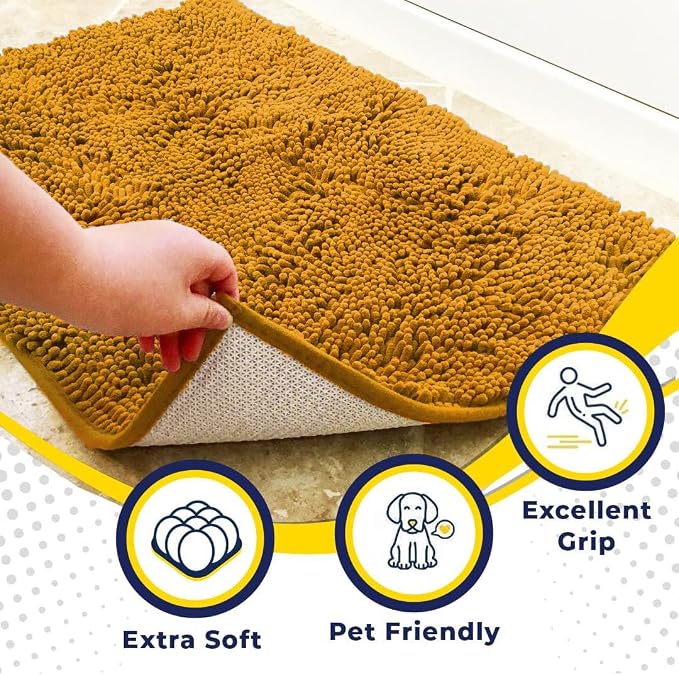 Muddy Mat® | Super Water Absorbent Door Mat Indoor, Microfiber Quick Dry Chenille Entryway Rug, Slip Resistant Front Door Mat, Indoor Mats for Entryway, Machine Washable Pet Rug, Gold 24" x 96"